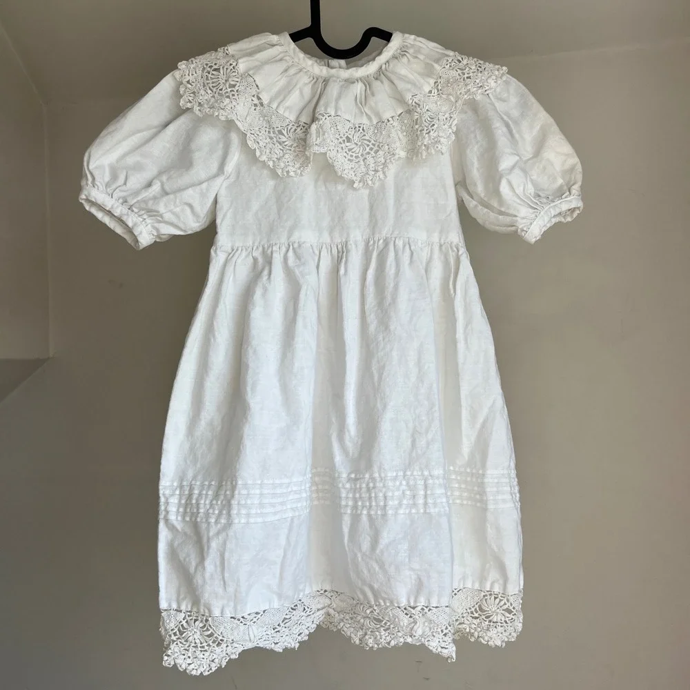 Vintage Paper White Dress Linen Cotton Lace Embroidery Cottagecore Kids Girls